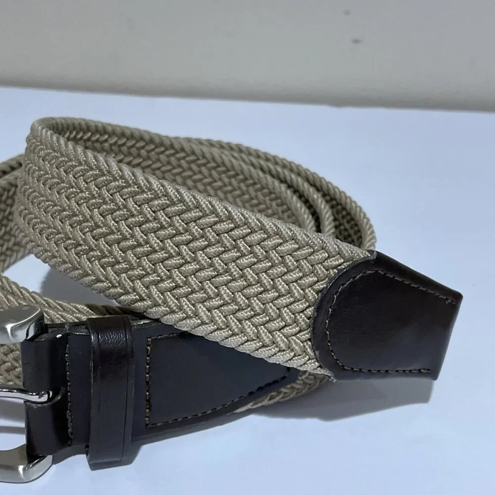 Vintage Cotton Rope Braided Belt Faux Leather Trim Men's XL Beige Metal Buckle